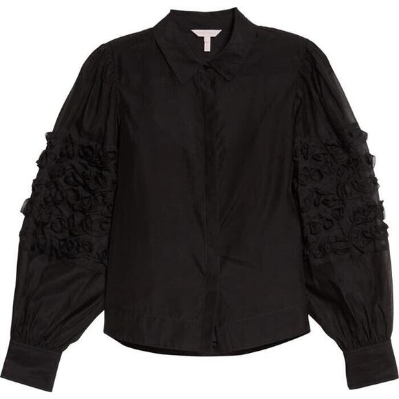 Rebecca Taylor $295 Women's Black Silk Ribbon Trim Sheer Button-Up Size S Luxury - Picture 3 of 16
